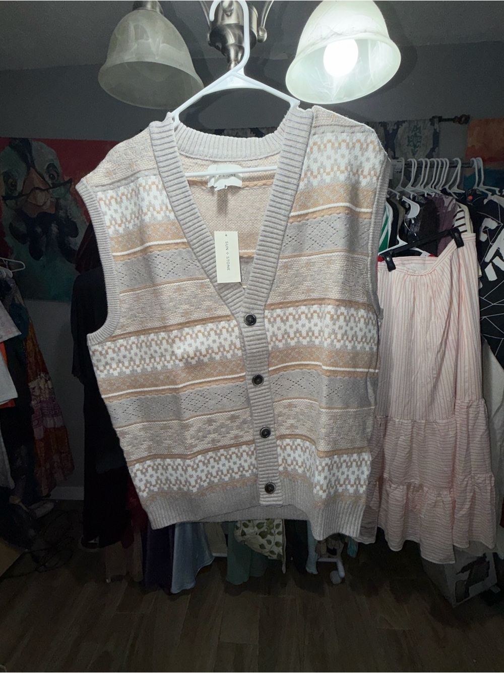 Striped Knit Button-Front Vest in Beige and Cream
